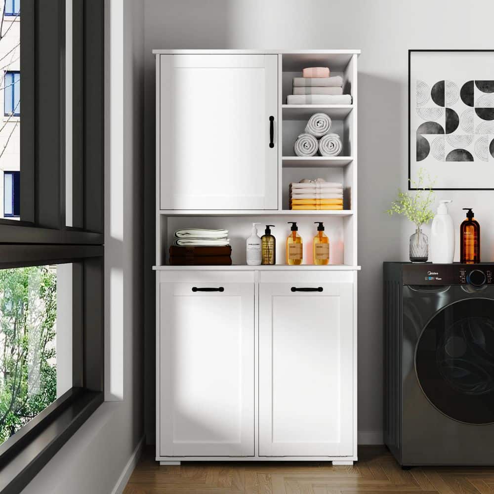 Unbranded 31.5 in. W 15.75 in. D 63 in. H MDF Freestanding Linen Cabinet with Doors and Adjustable Shelf (3)