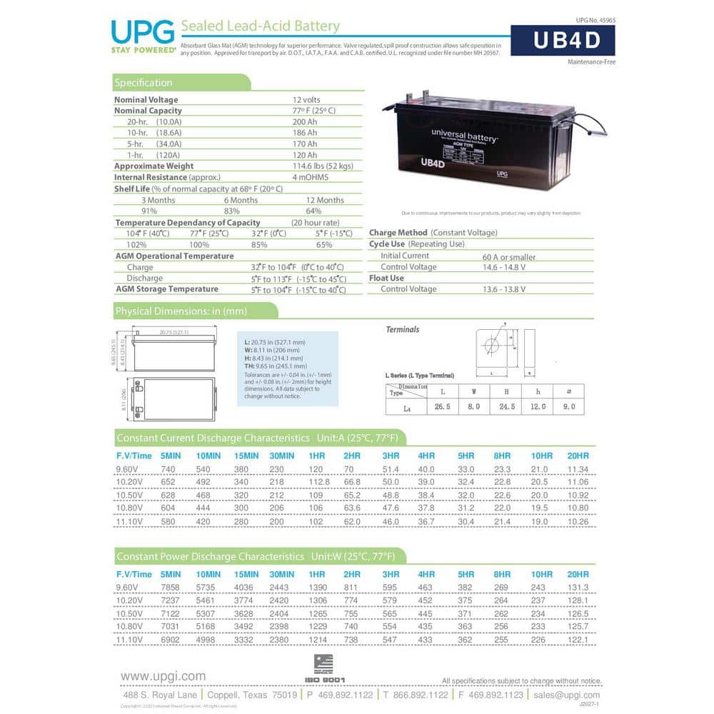 UPG 12-Volt 200 Ah L4 Terminal Sealed Lead Acid (SLA) AGM Rechargeable Battery (3)