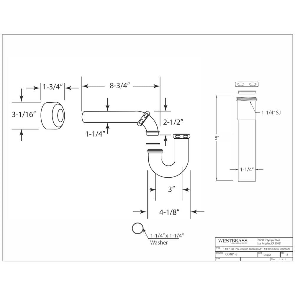 Westbrass 1-1/4 in. Brass Bathroom Sink P-Trap with 8 in. Slip Joint Extension Tube in Matte Black (2)
