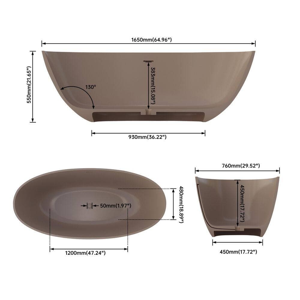SJ STAR&JANE Ula 65 in. x 29 in. Stone Resin Freestanding Bathtub Solid Surface Soaking Tub in Gray Coffee (2)
