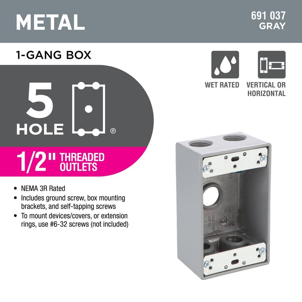 Commercial Electric 1-Gang Metallic Weatherproof Outlet Box with (5) 1/2 in. Holes, Gray (3)