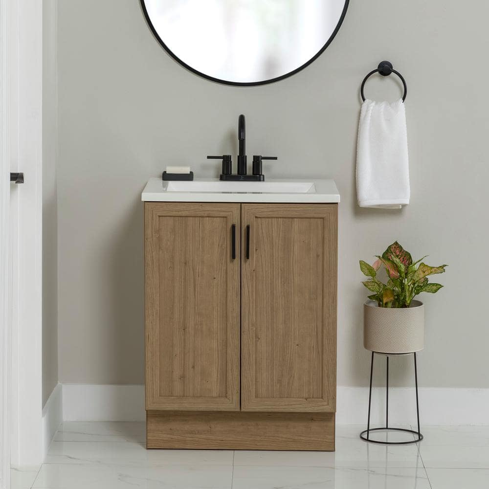 Glacier Bay Fonthill 24.5 in. W x 18.75 in. D x 32.89 in. H Single Sink Bath Vanity in Sand Elm with White Cultured Marble Top (2)