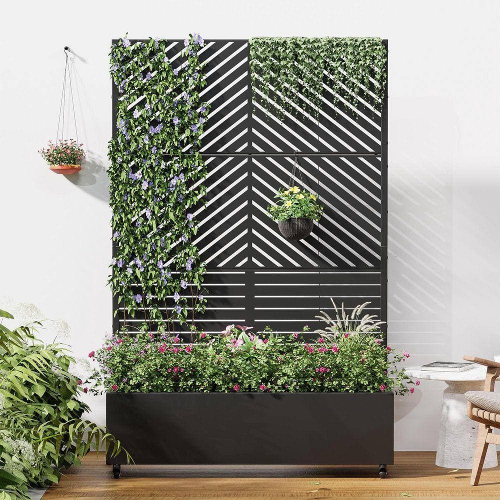 Lirago 72 in. H x 47 in. W Rectanglar Black Outdoor Metal Privacy Screen Planter Box Wall Decor (3)