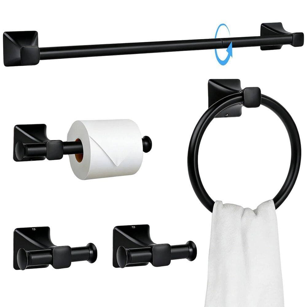 LAIFUCAM 5 Piece Bathroom Hardware Set with Towel Bar, Ring, Paper Holder, 2 Hooks in Matte Black Stainless Steel (3)