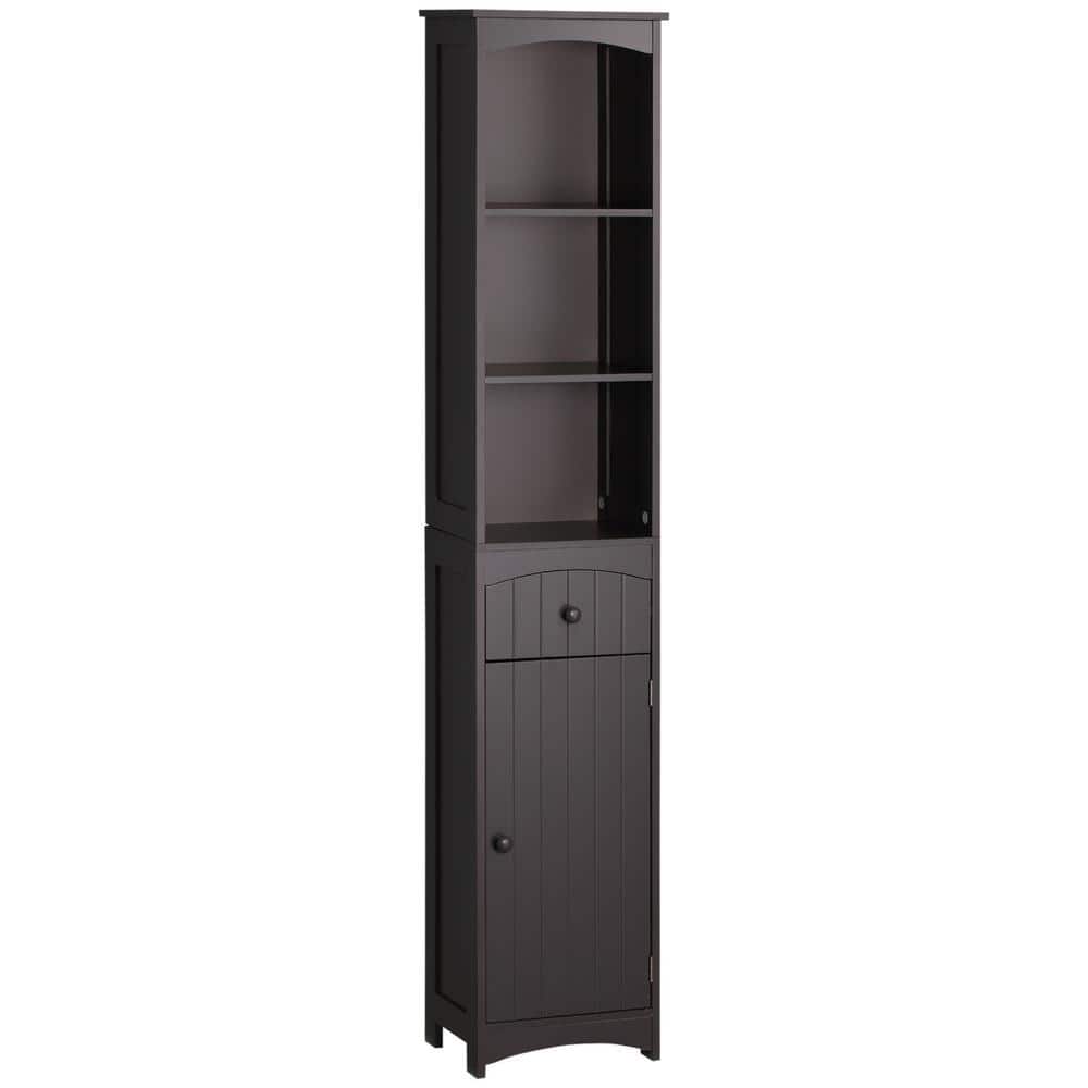 Tileon 13.5 in. W x 9.5 in. D x 67 in. H Brown MDF Freestanding Linen Cabinet with 3-Tier Shelves and Drawer (2)