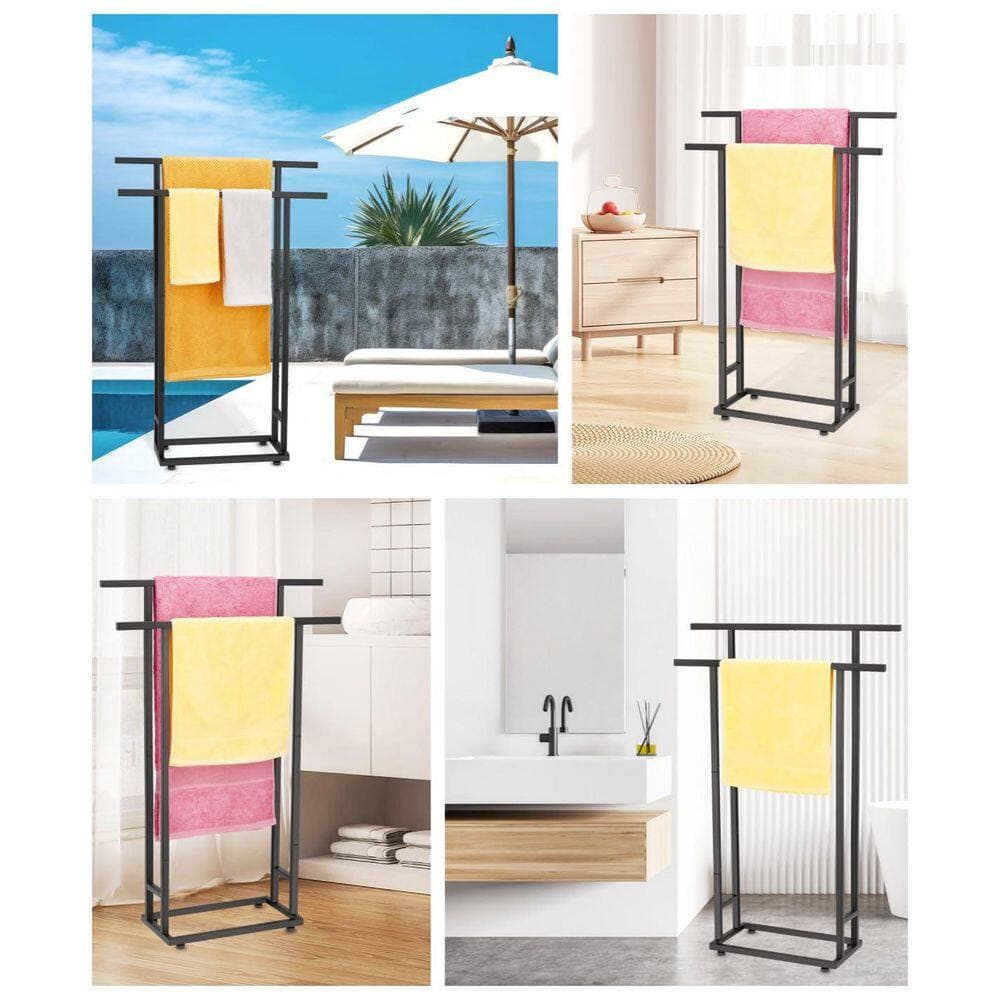 Anqtovp 2 Tier Bathroom Floor Standing Towel Rack in Black for Oversized Bath Towels and Outdoor Blanket Storage (2)