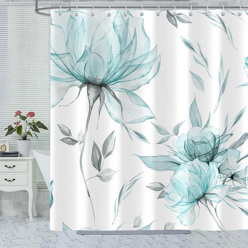 JFVKAF Teal Grey Watercolor Floral Shower Curtain 72x72 Polyester Fabric Waterproof with Hooks Minimalist Aesthetic Art Decor (3)