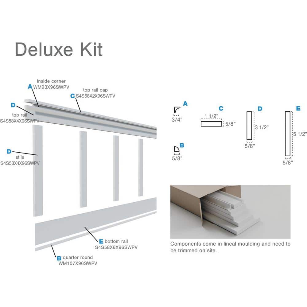 Ekena Millwork 5/8 in. X 96 in. X 56 in. Expanded Cellular PVC Deluxe Shaker Wainscoting Moulding Kit (for heights up to 56"H)