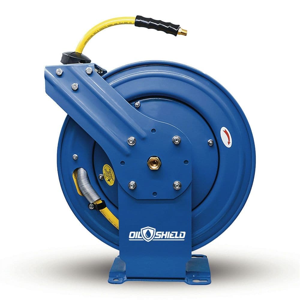 OILSHIELD 3/8 in. x 100 ft. Heavy Duty Rubber Air Hose and Dual Arm Powder-Coated Steel Hose Reel