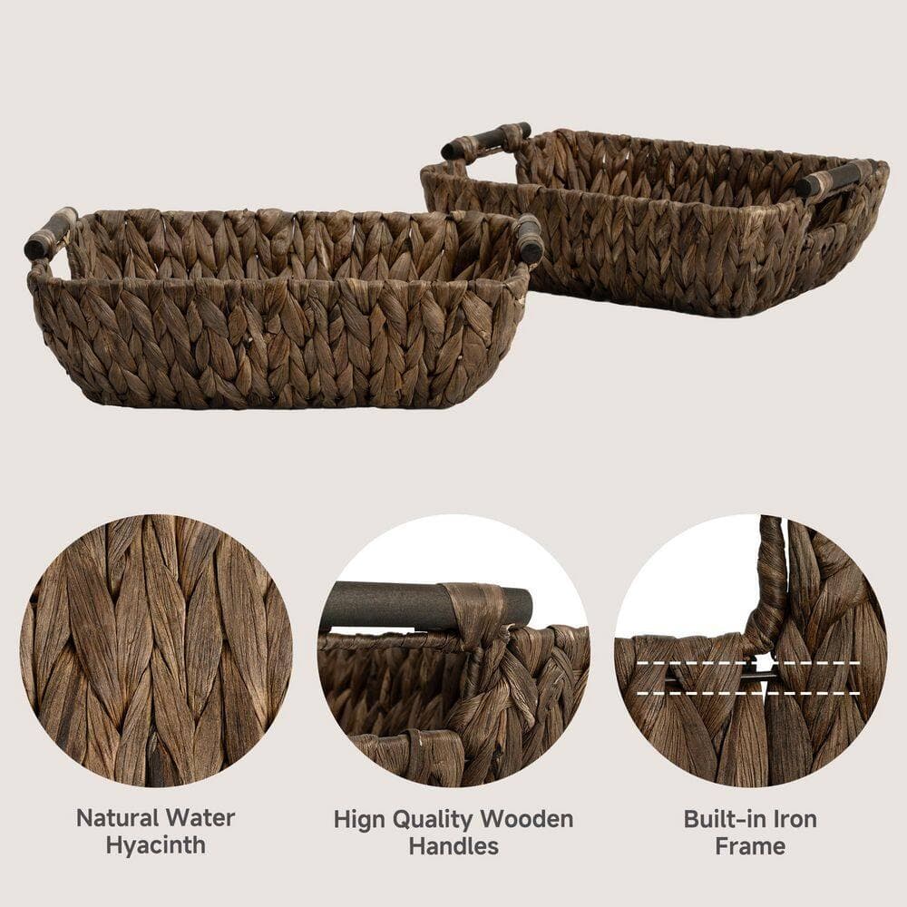 Wudkey 2-Pack Hand-Woven Storage Baskets with Wooden Handles, Wicker Storage Baskets for Shelf, Brown (3)