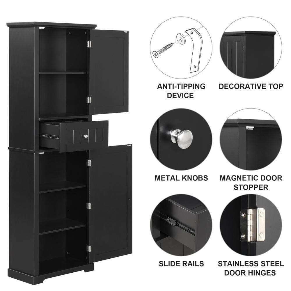 YSQCAR 22 in. W x 11 in. D x 68 in. H Black MDF Freestanding Linen Cabinet with Door and Drawers, Adjustable Shelf (3)