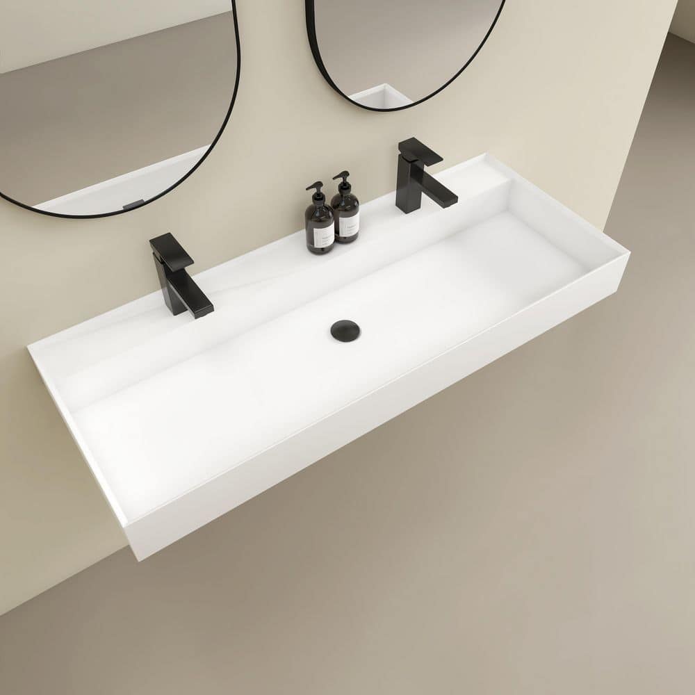 HOPROME Velin 47 x 19 in. Solid Surface Wall Mount or Countertop Bathroom Vessel Sink with Double Faucet Holes in Matte White (1)