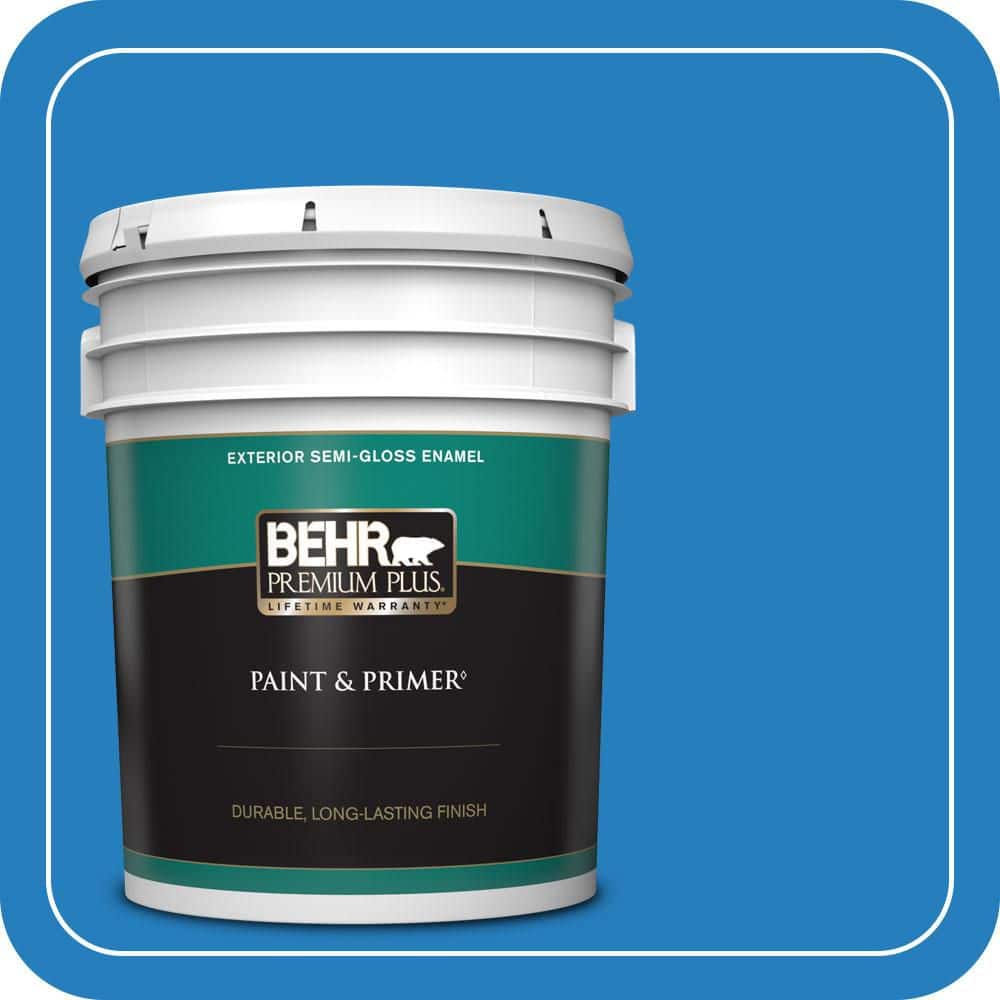 BEHR PREMIUM PLUS 5 gal. #P510-6 Brilliant Blue Semi-Gloss Enamel Exterior Paint & Primer
