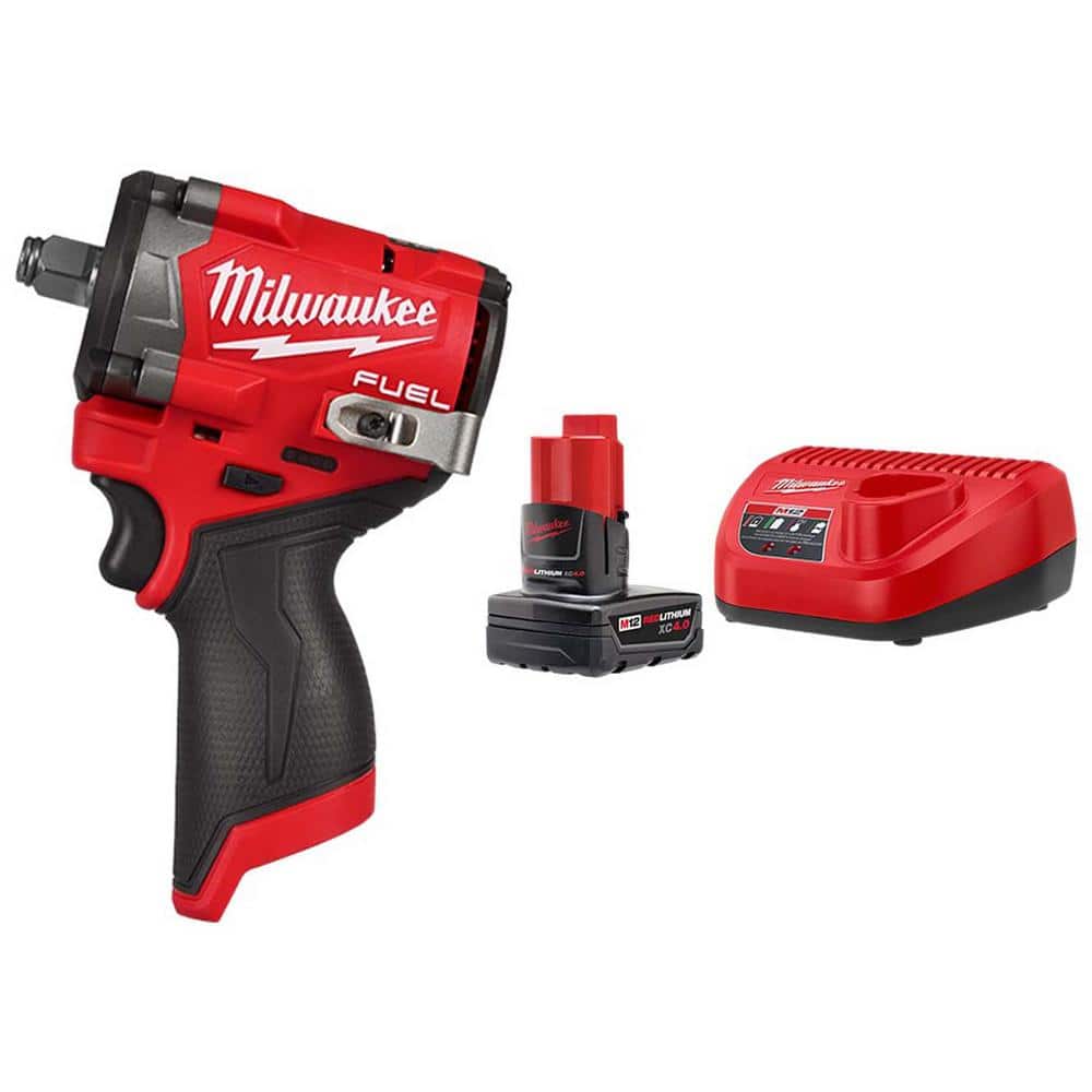 Milwaukee M12 FUEL 12V Li-Ion Brushless Cordless Stubby 1/2 in. Impact Wrench with M12 XC 4.0 Ah Battery and Charger Starter Kit (1)
