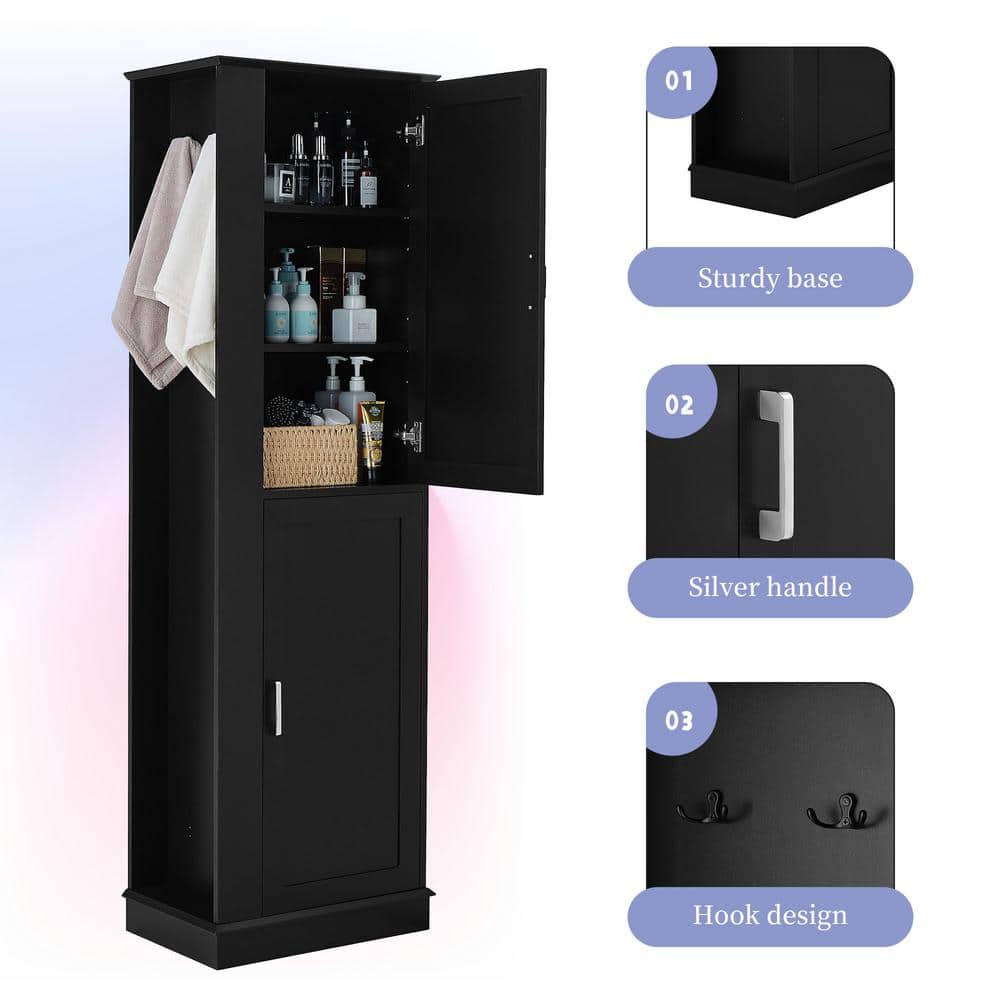 YSQCAR 21 in. W x 14 in. D x 68 in. H Freestanding Black Linen Cabinet with Hook and Adjustable Shelf (3)