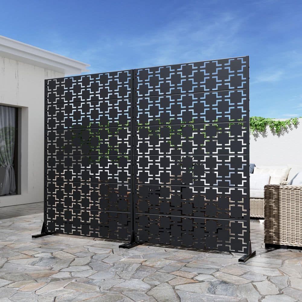 Lumioca 1-Piece 46.8 in. W x 71.37 in. H Black Square Metal Outdoor Privacy Screen Decorative Art Panel (6-Piece Assembly) (3)