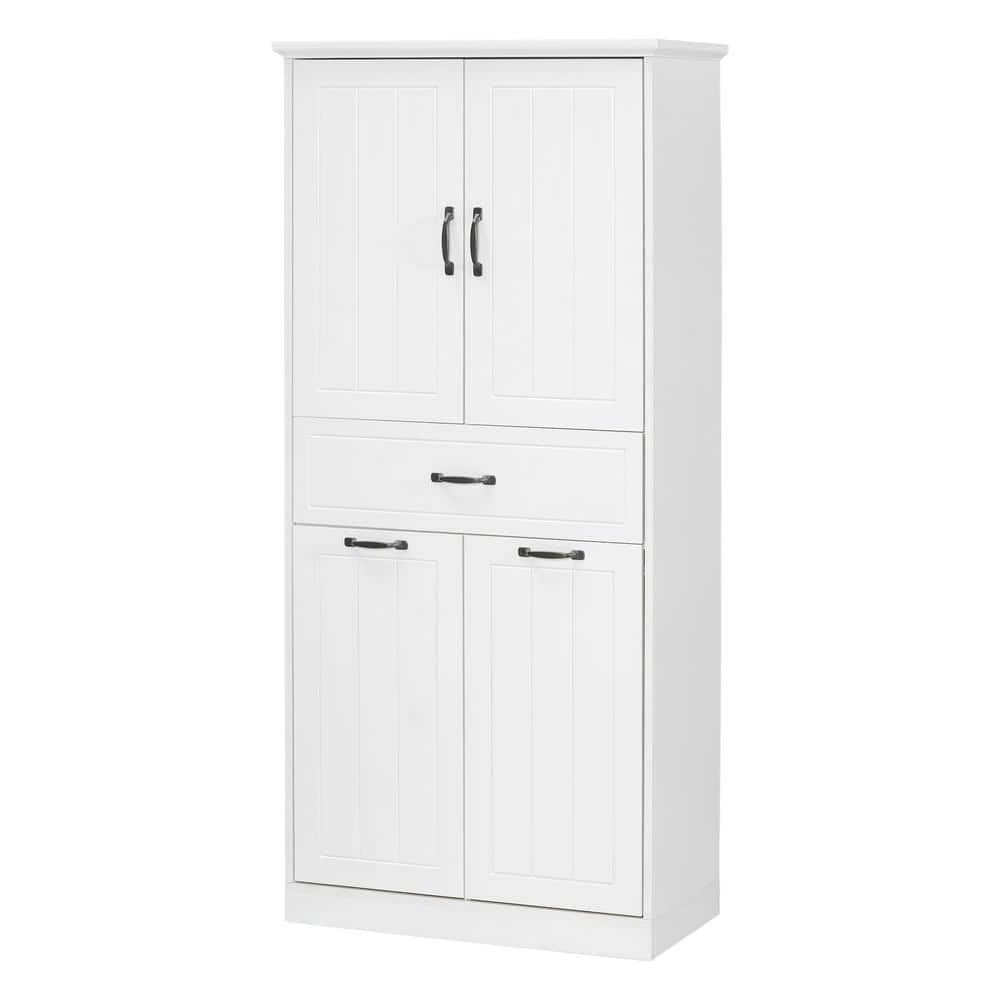 Lycvki 29.9 in. W x 15.7 in. D x 65.8 in. H White Linen Cabinet with 2 Doors, Drawer and 2 Laundry Baskets for Bathroom (1)
