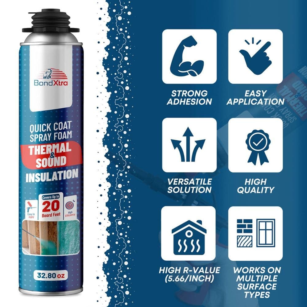 BondXtra BX930S 6-Pack Insulation Spray Foam Sealant (32.8 oz. Each),Self-Expanding,Heat and Soundproofing Kit w/ Cleaner and Gun (2)