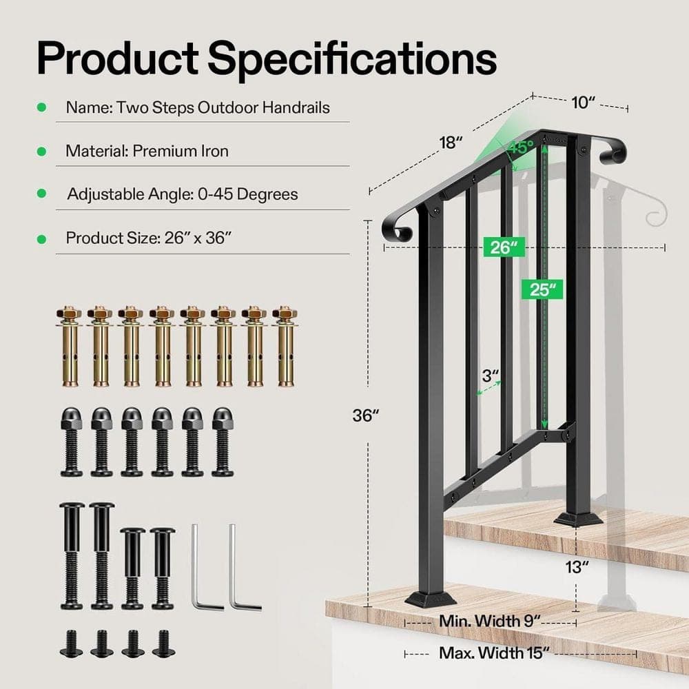 VIVOSUN 2-Step 36 in. H x 26 in. W Black Wrought Mattle Iron Stair Railing Kit with Curved Ends and Balusters (2)