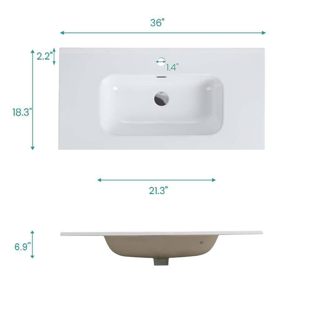 Buruis 36 in. Undermount Ceramic Bathroom Sink in Glossy White with One Predrilled Faucet Hole, Drain Not Included (2)