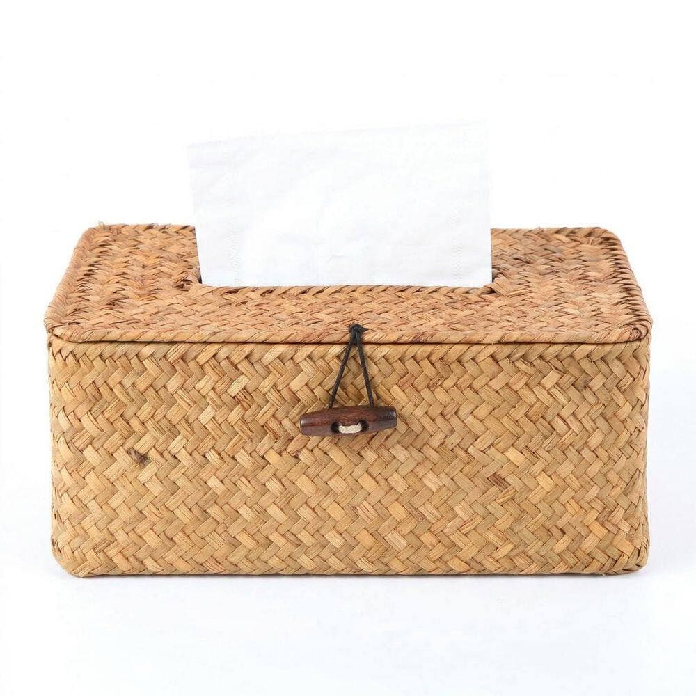 KHKFY Rectangular Tissue Box Cover with Caramel Seagrass Weave, Hand-Woven Rattan Style for Bathroom Decor (2)