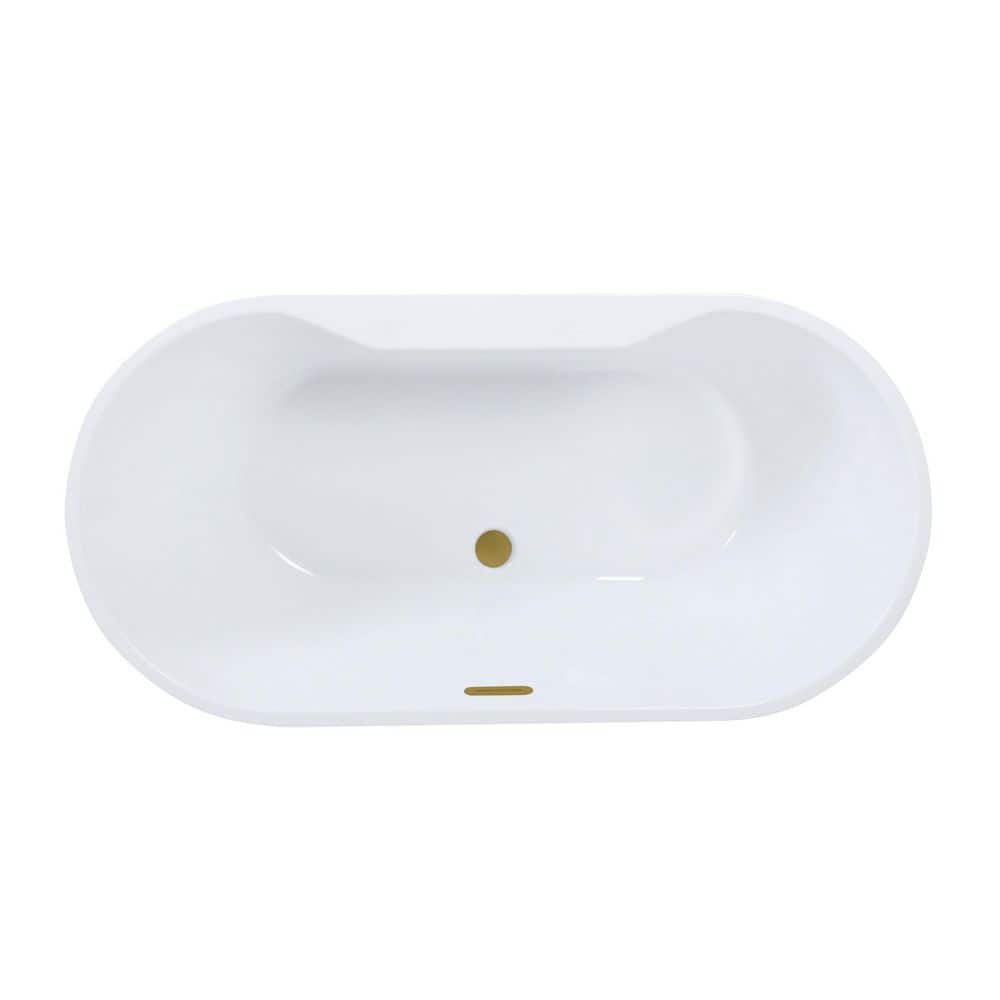 Kingston Brass Aqua Eden 55 in. x 27.4 in. Acrylic Flatbottom Soaking Freestanding Bathtub in Glossy White/Brushed Brass with Drain (1)