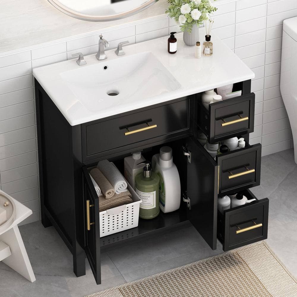 Flynama 36" Black Vanity Sink, 2 Doors & 3 Drawers, Solid Wood+MDF, 1 Pack (3)