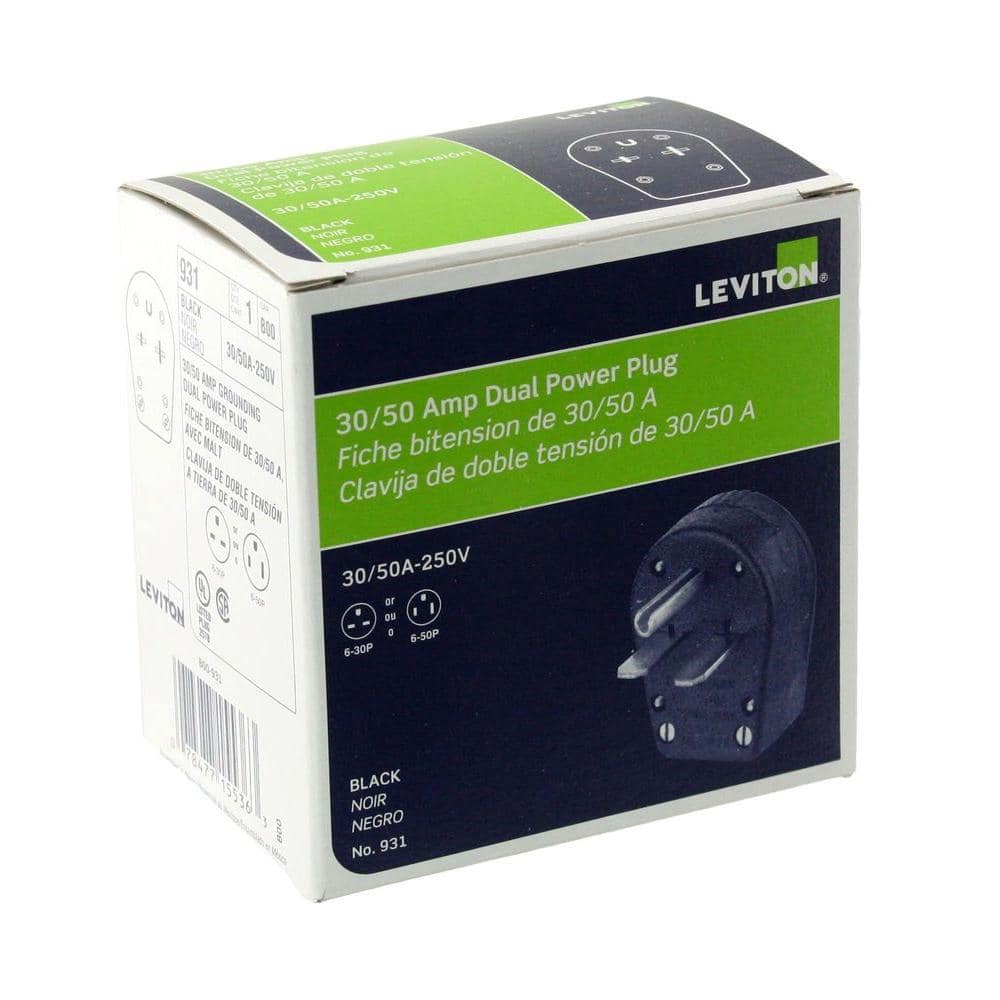 Leviton 30 Amp/50 Amp 2-Pole/3-Way Grounded Angle Straight Blade Plug, Black (2)