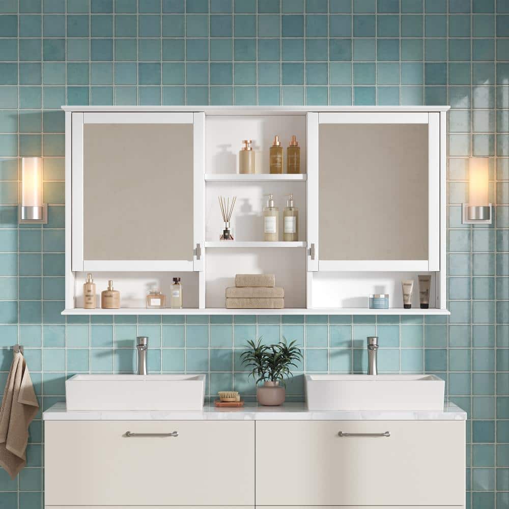 COWLOWN 55 in. W x 28.7 in. H White Rectangular Wood Medicine Cabinet with Mirror, Adjustable Shelves (2)