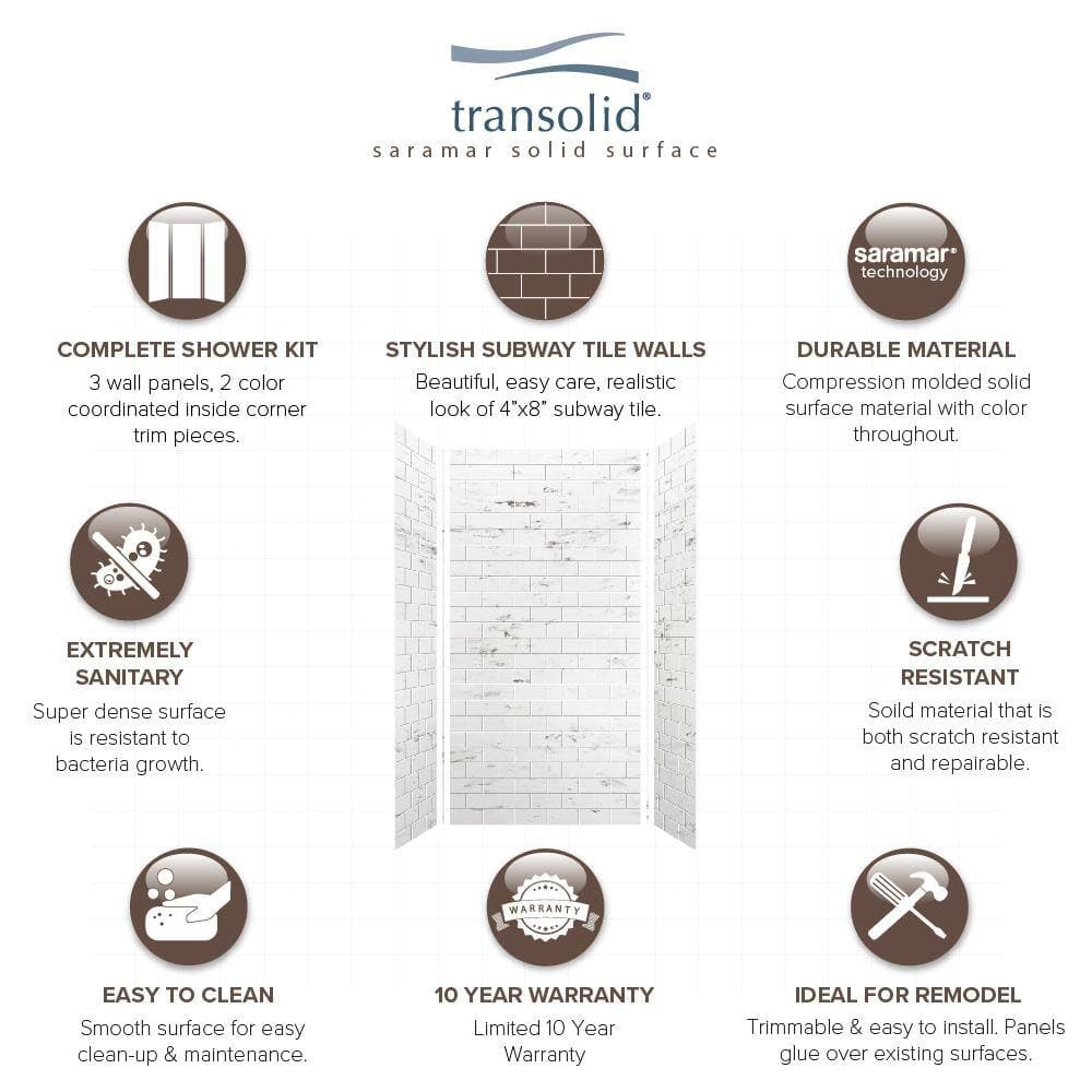 Transolid SaraMar 36 in. x 48 in. x 96 in. 3-Piece Easy Up Adhesive Alcove Shower Wall Surround in White Venito (3)
