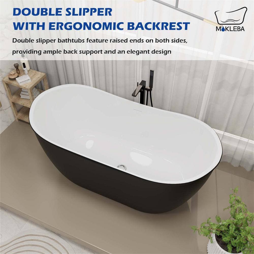 Mokleba Contemporary 59 in. Acrylic Single Slipper Freestanding Flatbottom Bathtub Not Whirlpool Soaking SPA Tub in Matte Black (3)
