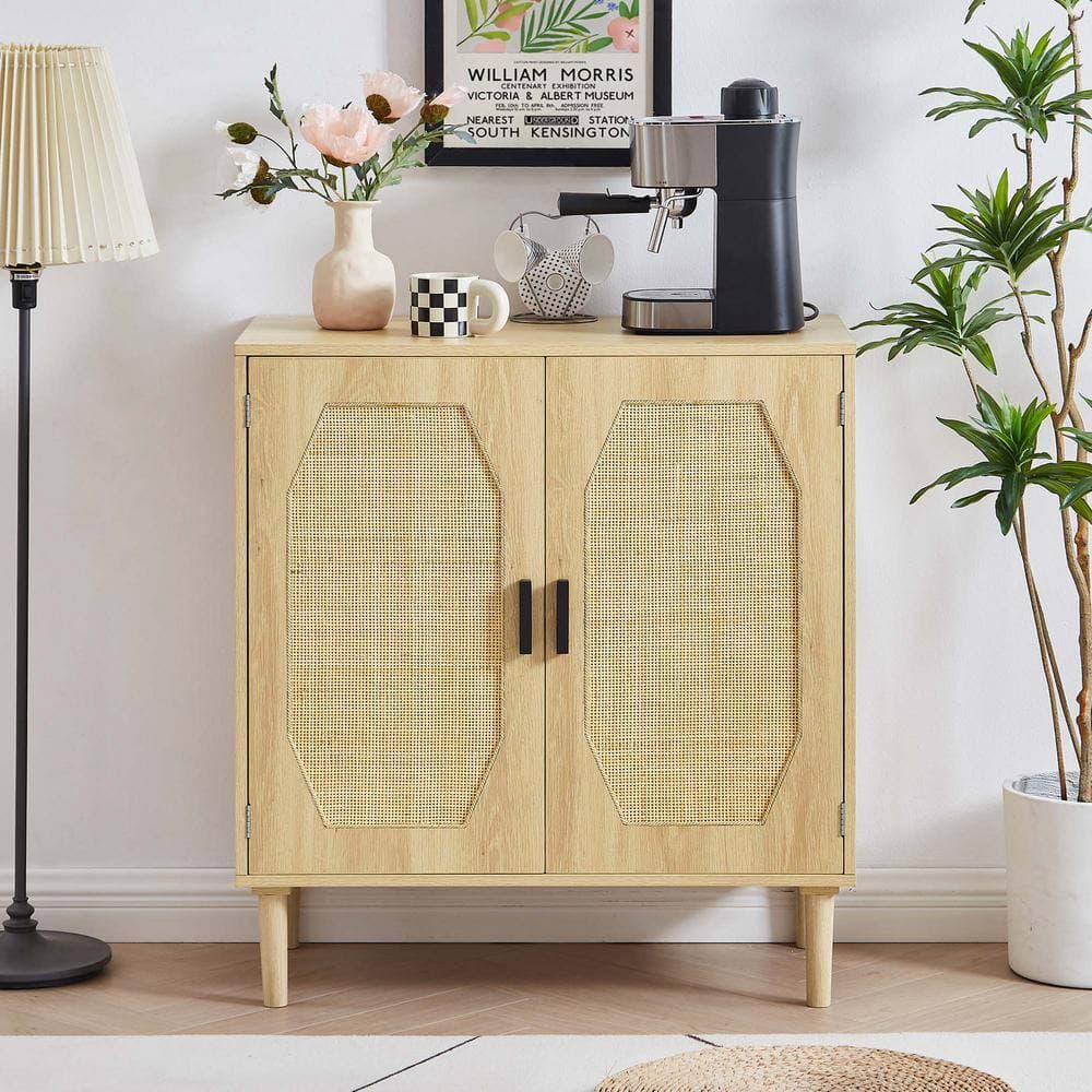 Unbranded 31.5 in. W x 15.8 in. D x 34.6 in. H Natural Yellow Linen Cabinet with Rattan Decorative Doors, Buffets, Wine Cabinets (2)