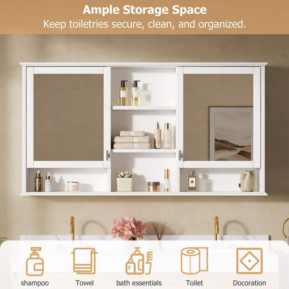 COWLOWN 55 in. W x 7.1 in. D x 28.7 in. H 2-in-1 Mirror Bathroom Storage Wall Cabinet in White with Adjustable Shelves (3)