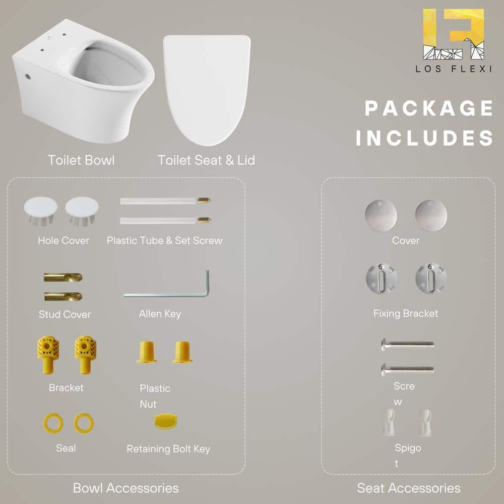 Los Flexi Elongated Modern Wall-Hung Toilet Bowl with Soft-Close Seat, Rimless Flushing Easy Cleaning, White Glossy Ceramic (2)