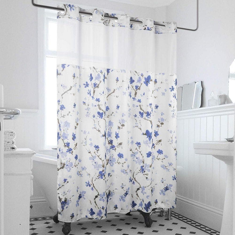 Unbranded SnapHook Shower Curtain with Snap-in Liner and See-Through Top Window, Machine Washable 71 x 74 Blue Blossom Polyester (2)