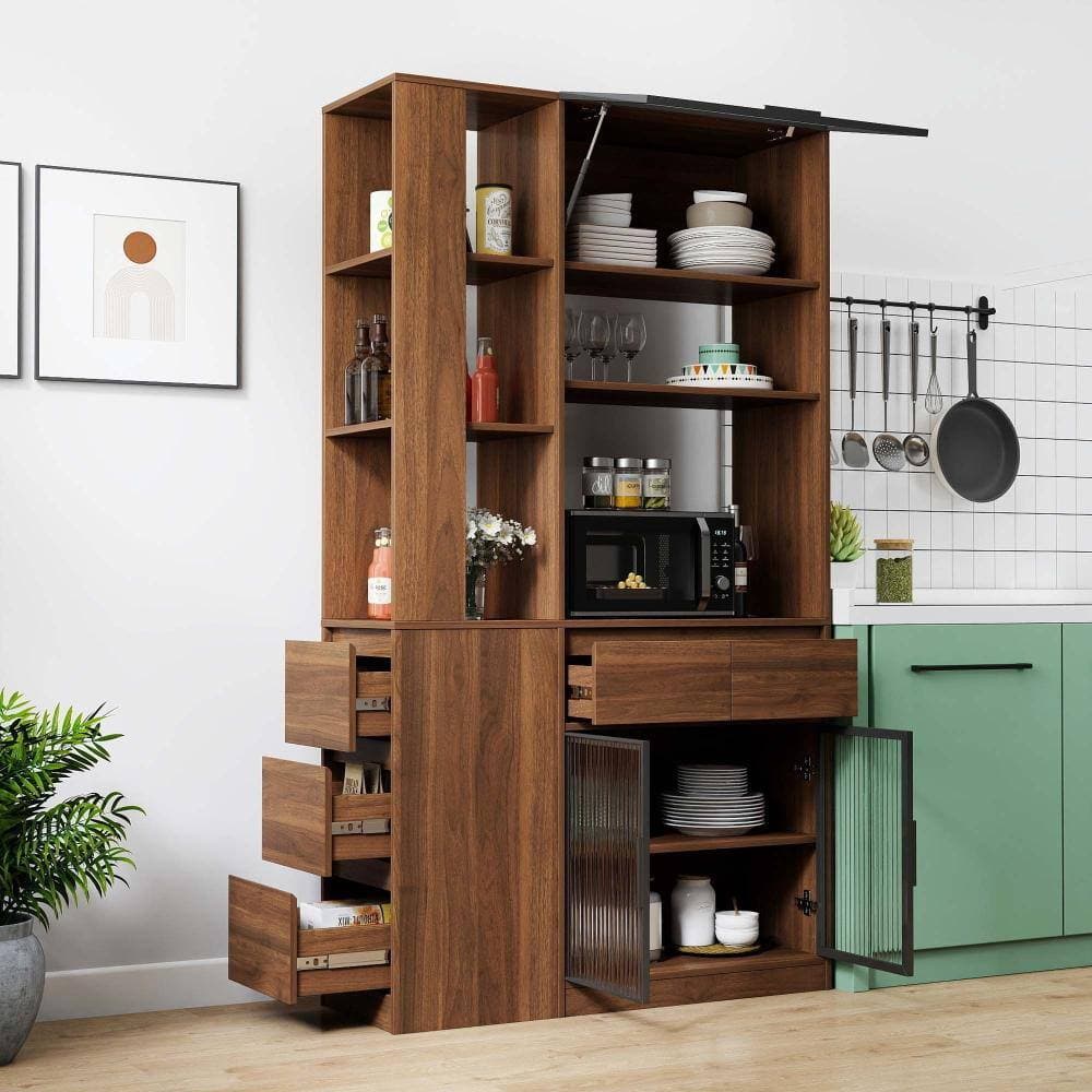 XUJMK 39 in W x 14 in D x 71 in H Linen Cabinet, Tall Storage Cabinet with Multi-functional Storage Entrance Organizer, Walnut (3)