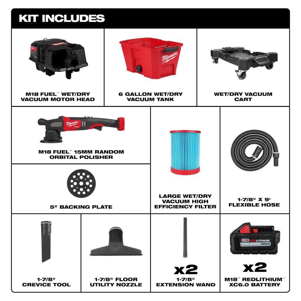 Milwaukee M18 FUEL 18V Lith-Ion Brushless Cordless 15MM DA Polisher w/Wet/Dry Shop Vac & (2) High Output 6.0Ah Battery Pack (2)