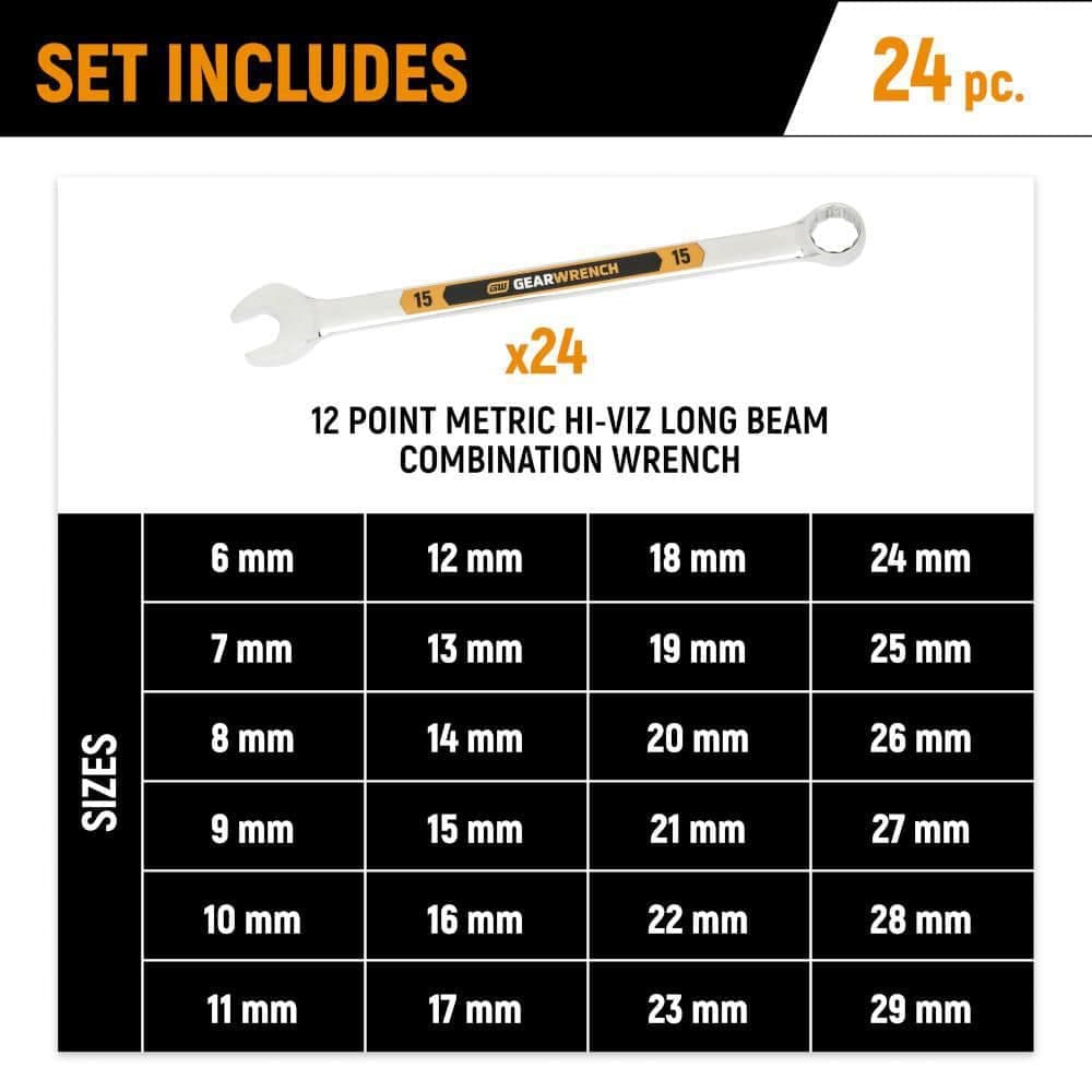 GEARWRENCH 12-Point Metric Hi-Viz Long Pattern Combination Wrench Set in Foam Storage Tray (24-Piece) (2)