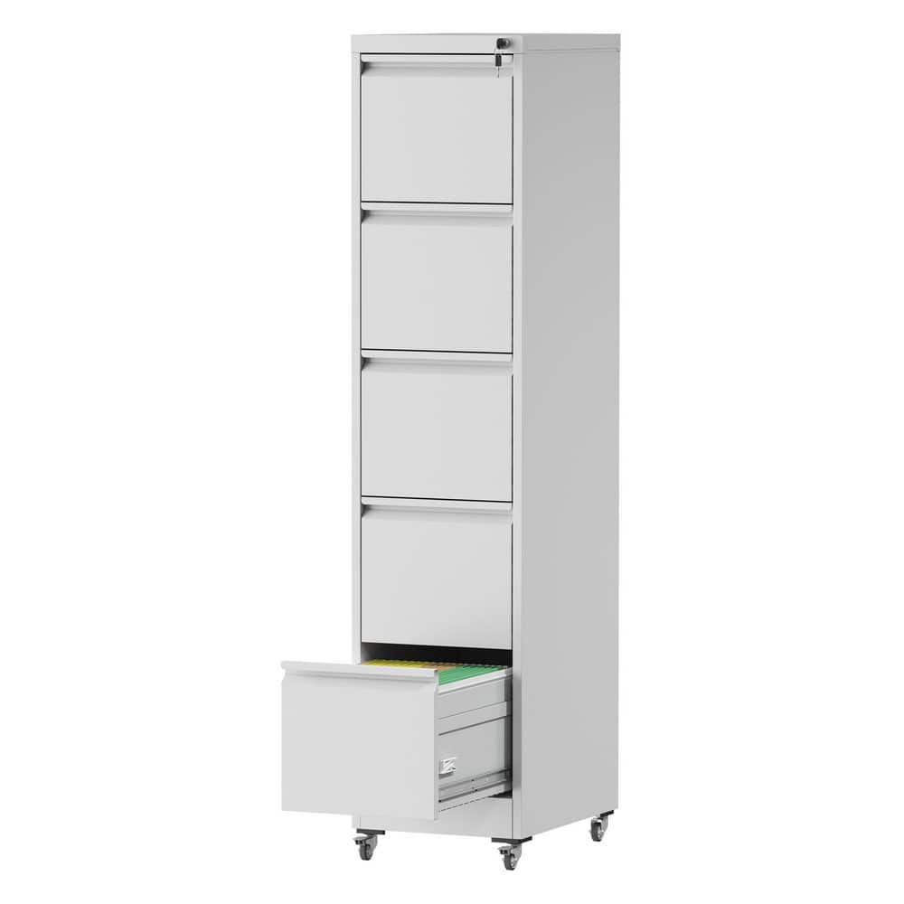 Tidoin Modern 5-Drawer White Metal 18 in. W Vertical File Cabinet with Lock and Wheel (1)