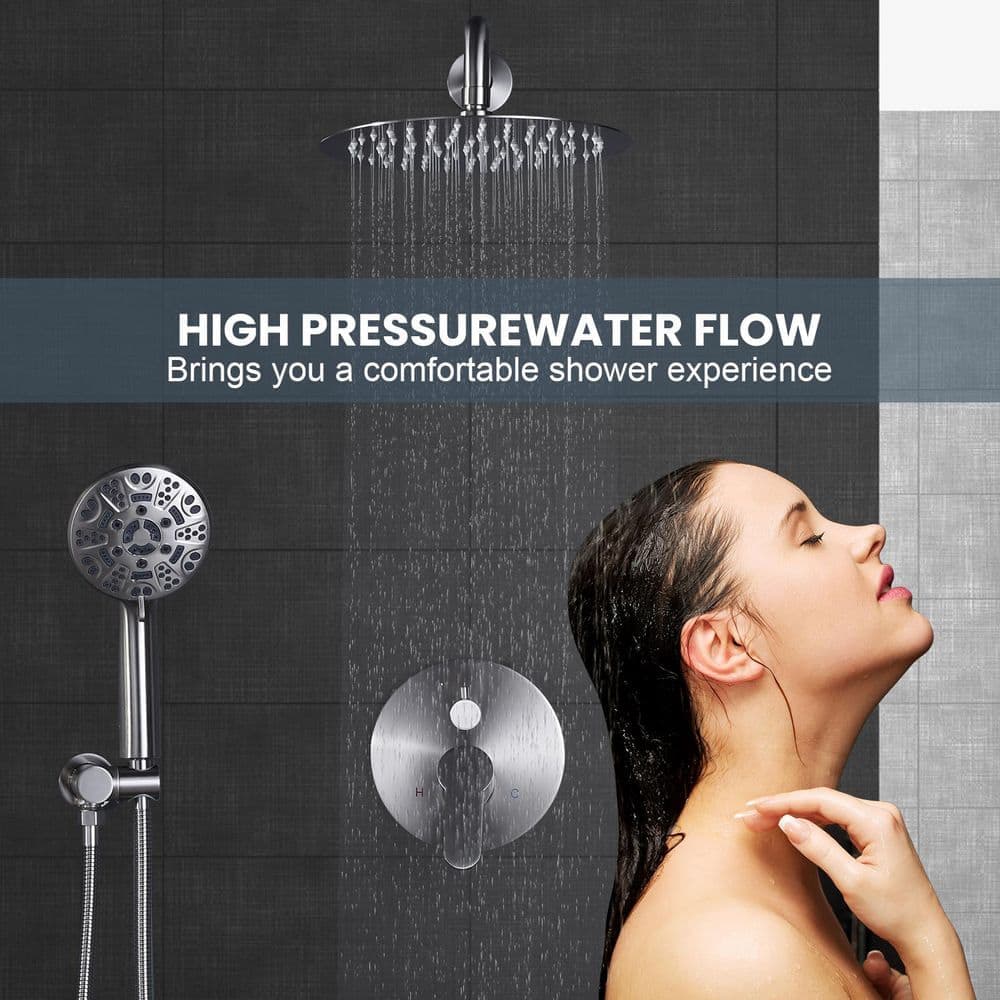 WOWOW 9-Spray Patterns with 1.8 GPM 10 in. Wall Mount Rain Fixed Shower Heads in 10 in. Brushed Nickel (3)