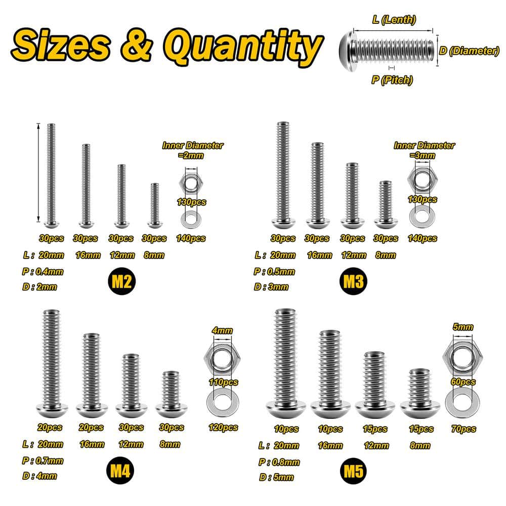 MYWISH 1290-Piece M2, M3, M4, M5 Stainless Steel Button Head Hex Socket Screw Kit with Nuts, Washers and Lock Washers (3)