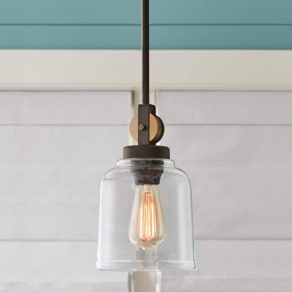 Home Decorators Collection Knollwood 7 in. 1-Light Black Bronze Vintage Brass Accents Industrial Mini Pendant Light for Kitchen (2)