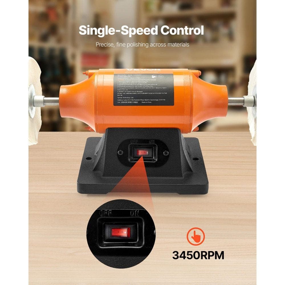 VEVOR 1/2HP Bench Buffer Polisher, 6 in. Bench Polishing Buffing Machine, 3450RPM Single Speed Benchtop Polisher (3)