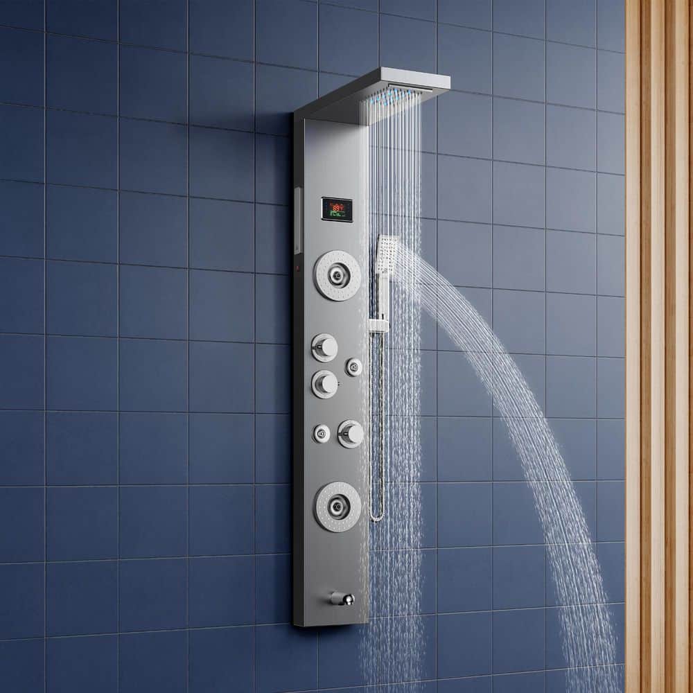 androme 55 in. 6-Jet LED Shower Panel System with Rainfall Waterfall Shower Head Hand Shower and Massage Head in Brushed Nickel (2)