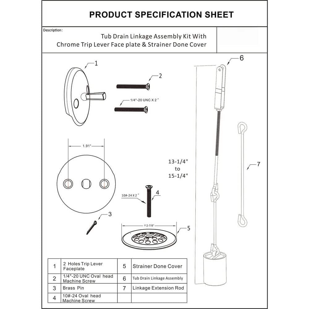 Numhew 1-Piece Tub Drain Linkage Assembly with Trip Lever and Strainer for Bathtub Waste Overflow Drain Replacement in Silver (2)