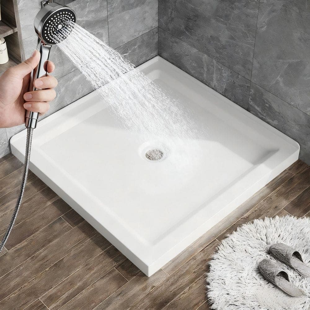 Ximuprmy Classic 36 in. L x 36 in. W Alcove Shower Pan Base with Center Drain in White, Double Threshold Shower Basin (2)