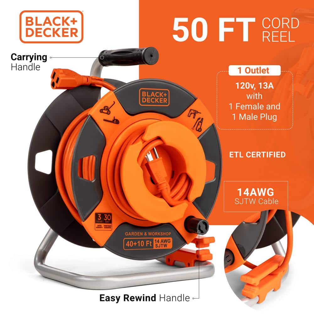 BLACK+DECKER 50 ft. Retractable Extension Cord with 14 AWG Power Cable Garden and Workshop for Electric Tools (3)