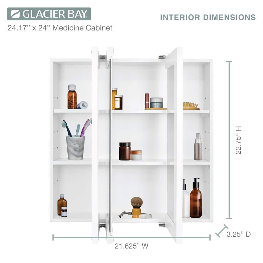 Glacier Bay 24-3/16 in. W x 24 in. H Framed Surface-Mount Tri-View Bathroom Medicine Cabinet with Mirror, White (4)