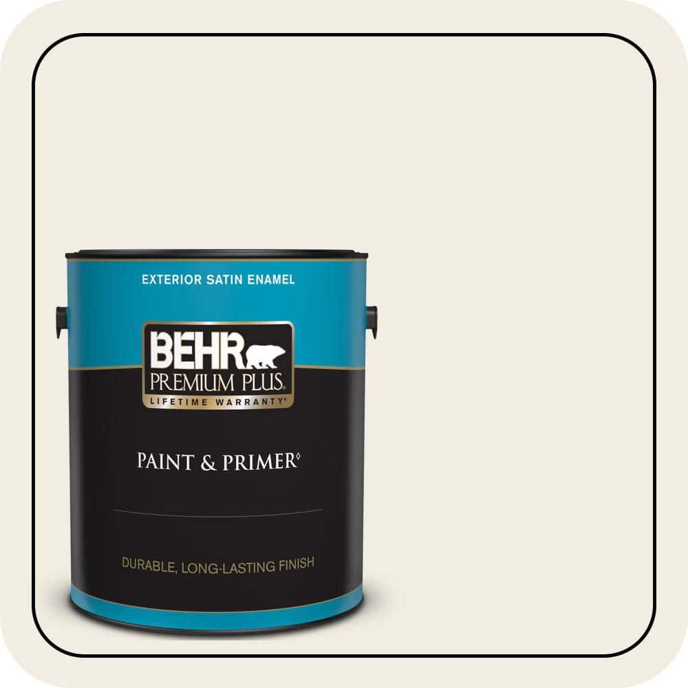 BEHR PREMIUM PLUS 1 gal. #QE-01 Jet White Satin Enamel Exterior Paint & Primer