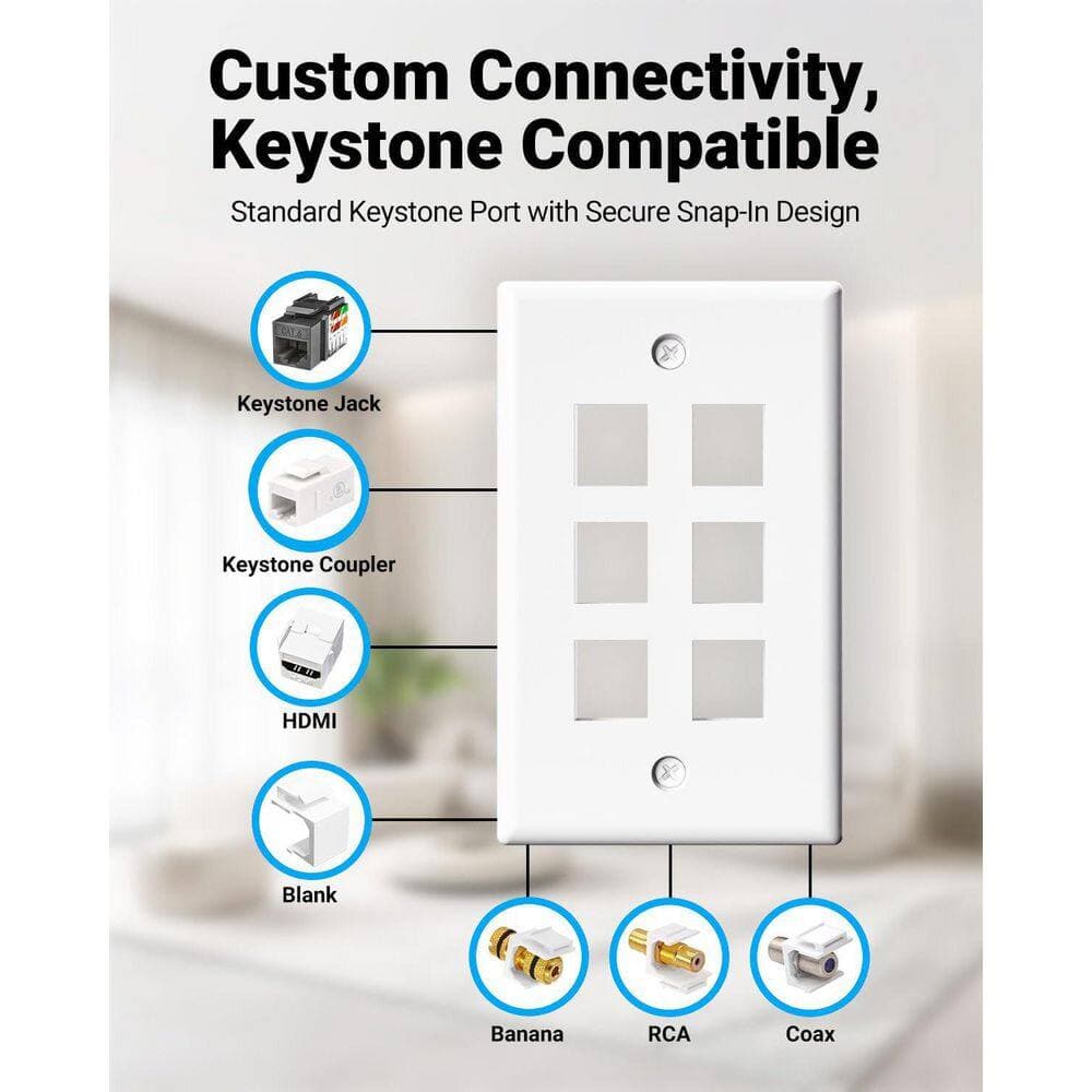 Micro Connectors, Inc 10-Pack 1-Gang White Keystone Plastic Wall Plates 6-Port and 10 Cat 6 RJ45 Keystone Jacks Black (3)